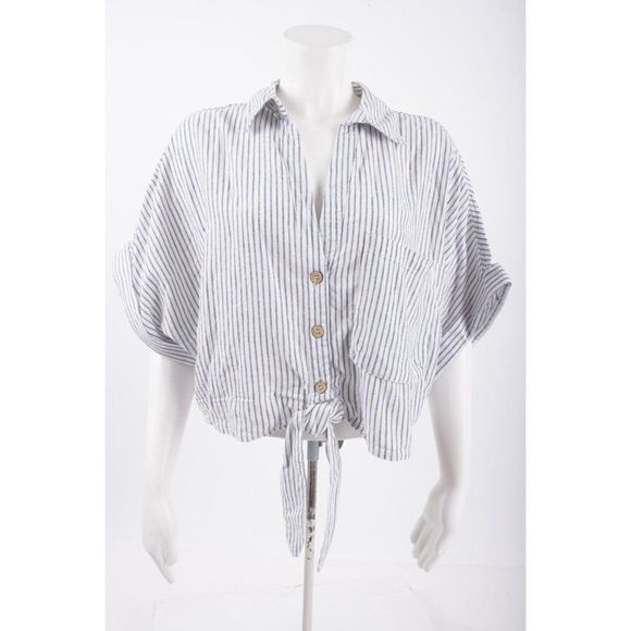 Zara Tops - Zara Womens Knotted Blouse Top L White Gray Striped Button Front 2949/027 NWT